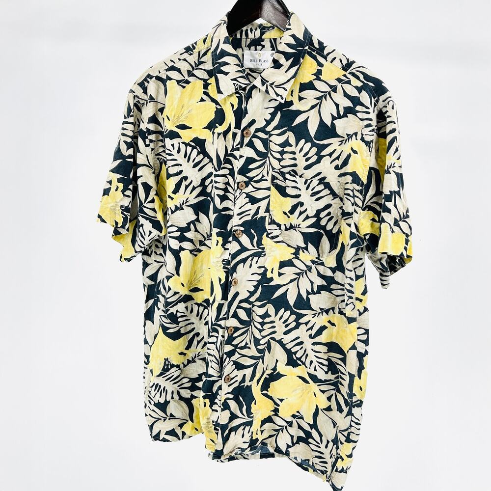 Vintage 90s Bill Blass 100% Silk Navy Yellow Tropical Hawaiian Shirt